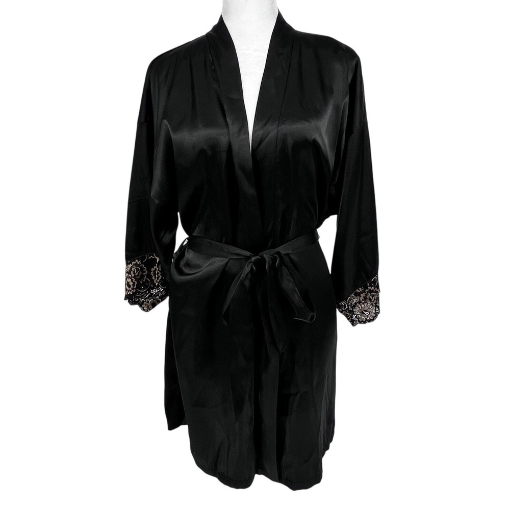 In Bloom by Jonquil Black Satin Robe Womens Med-LG Lace Trim Belted Short Kimono